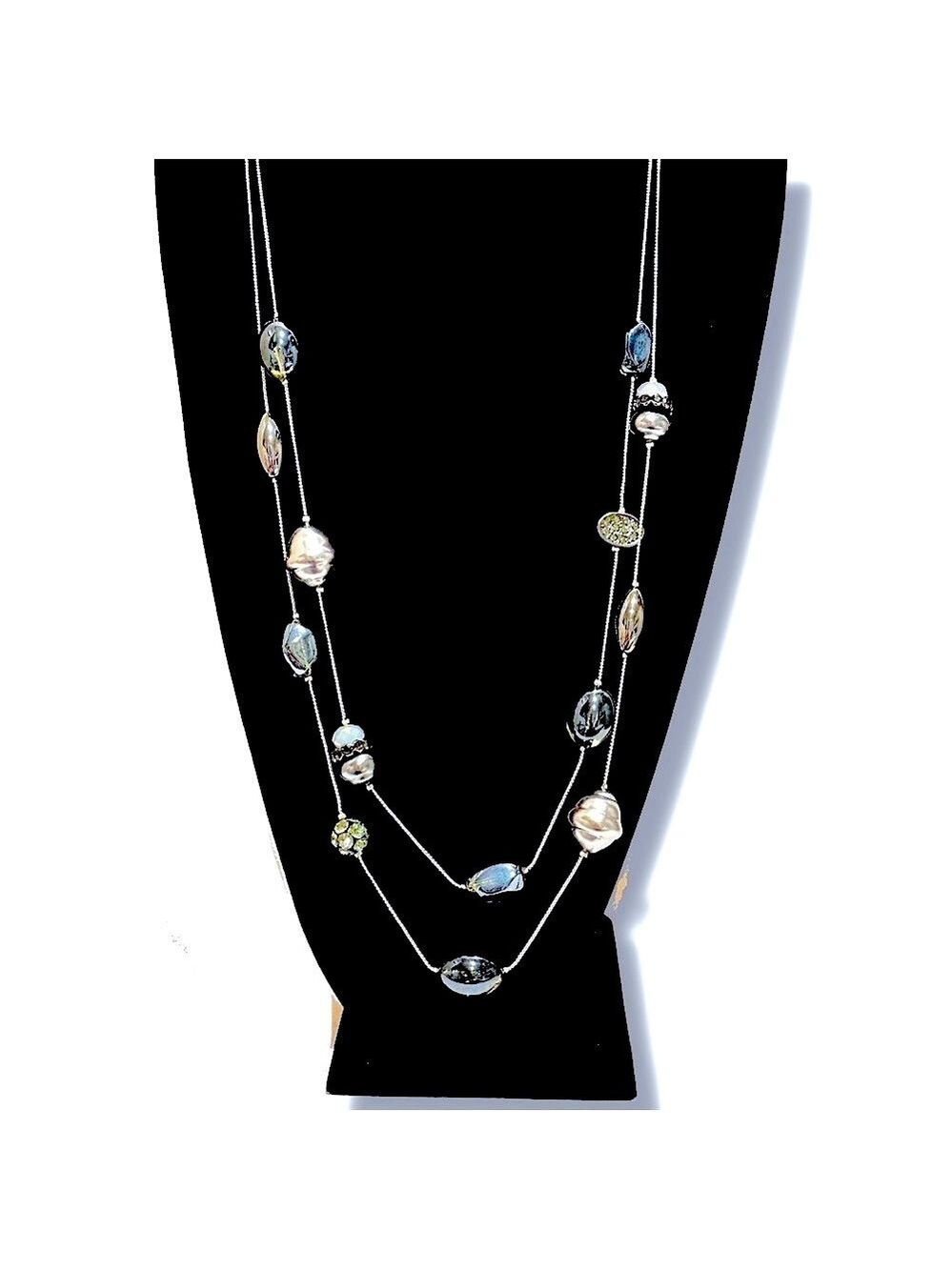 CHICO’S Blue/Gray Polished Stone Necklace w Crystal Fireball Accents | NWT